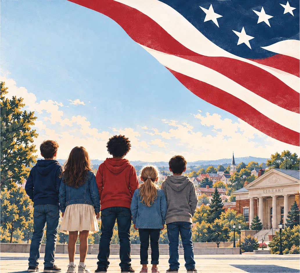 Five children standing together on a plaza, looking out over their town beneath an American flag